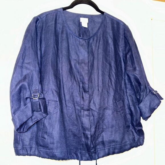 Chicos Women’s Snap Up 100% Linen Roll Tab Top Size 2P ( 12/14 Petite) - Picture 3 of 13